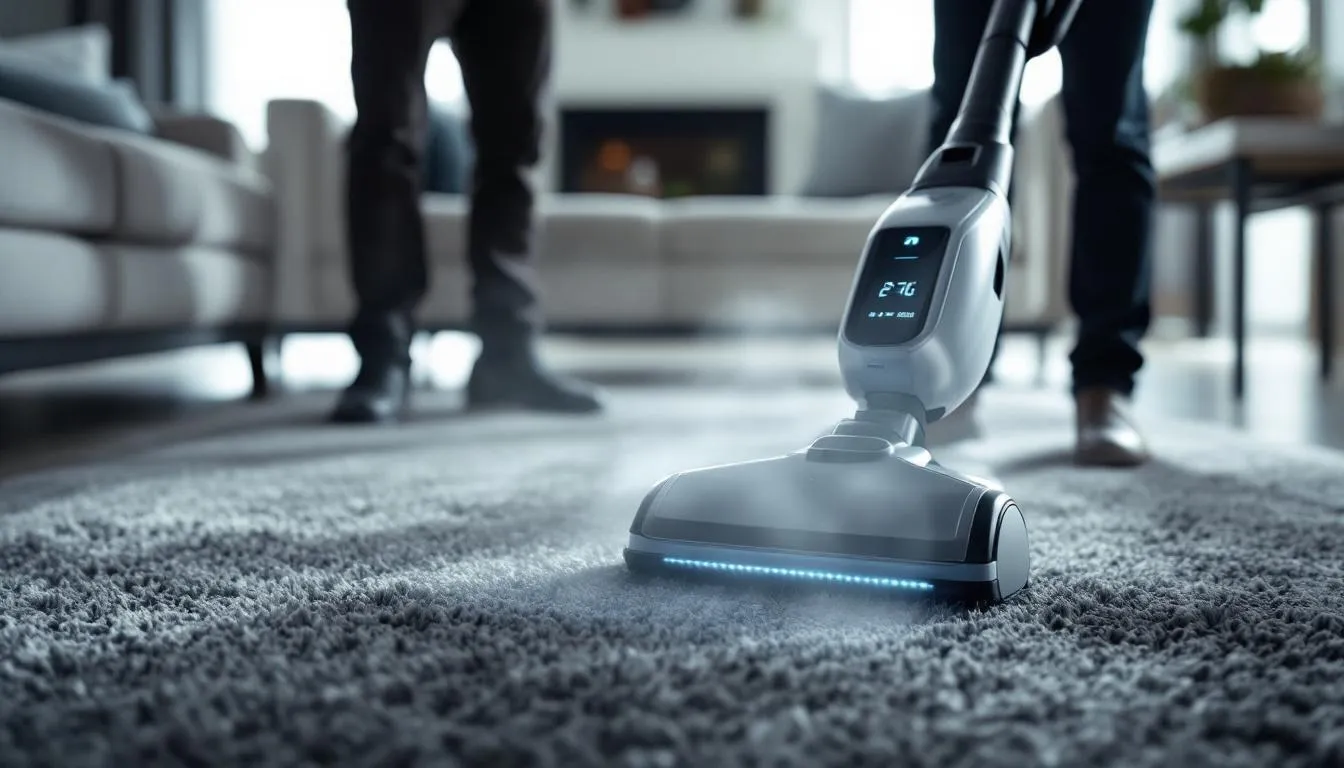 Advanced carpet cleaning techniques being applied in a home environment.