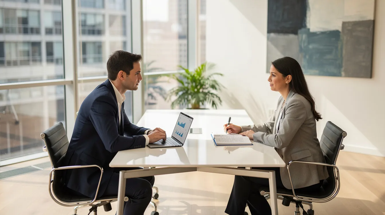 The image shows two professionals engaged in a consultation meeting in a bright, modern office, discussing strategies for podcast editing and audio quality enhancement. The contemporary workspace features large windows that allow natural light, creating an inviting atmosphere for productive discussions on editing processes and tools.