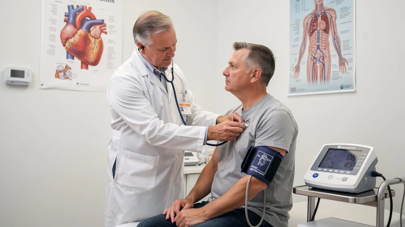 A medical professional is conducting a cardiovascular health assessment, examining a patient&rsquo;s heart health and risk factors for cardiovascular disease. The assessment may include discussions about lifestyle choices, such as diet rich in antioxidants and the potential health benefits of resveratrol supplements found in red wine and dark chocolate.
