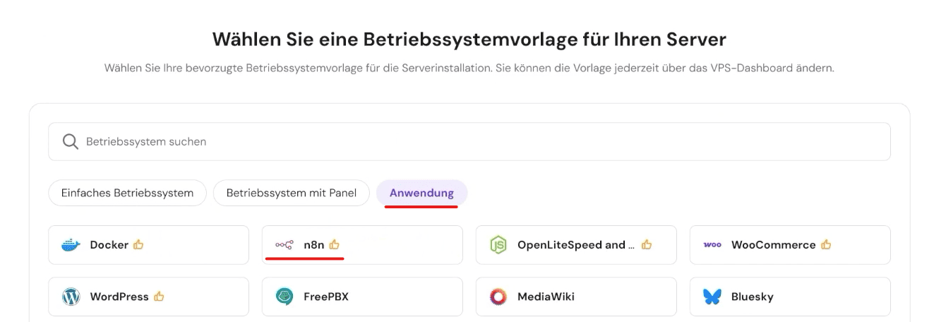 n8n als betriebssystem auswaehlen unter anwendung