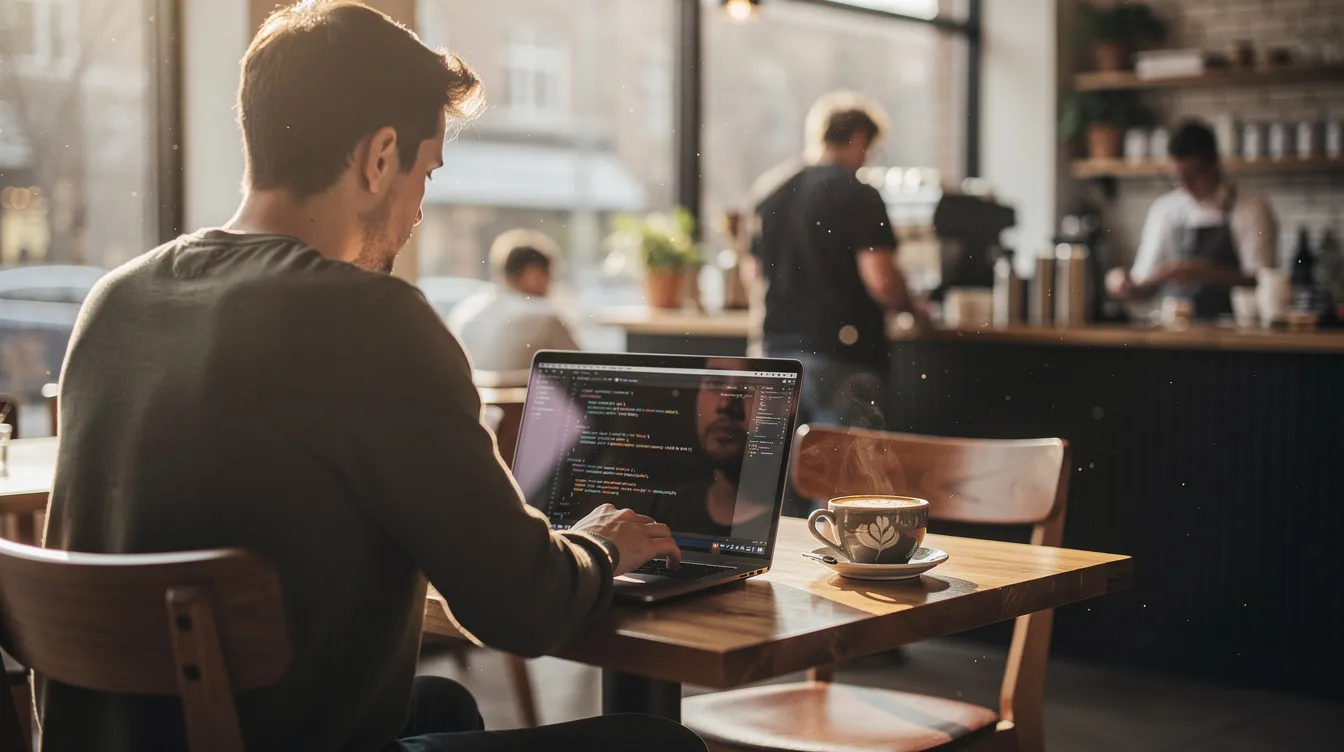 A person is seated at a coffee shop, focused on coding on their laptop, illuminated by soft natural light streaming through the windows. The atmosphere is casual, with coffee cups and a few other patrons in the background, creating a vibrant yet relaxed environment for productivity.