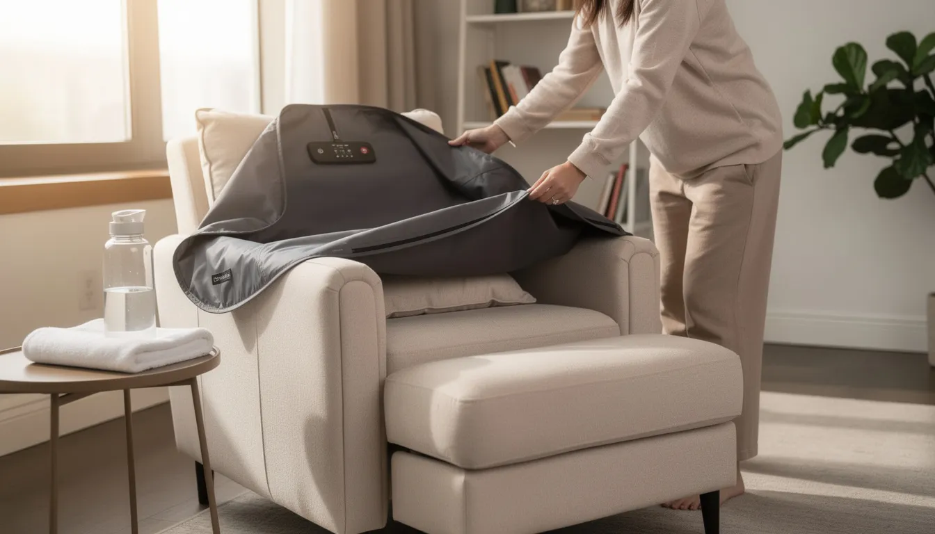 A person is setting up a portable infrared sauna blanket on a comfortable lounge chair, preparing for a relaxing experience that offers health benefits such as muscle recovery and detoxification. The setup highlights the convenience of using an infrared sauna at home, promoting wellness and relaxation.