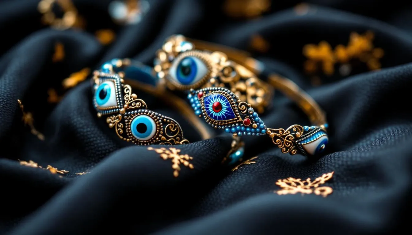 A close-up view of stunning evil eye bracelets showcasing intricate designs and vibrant colors.