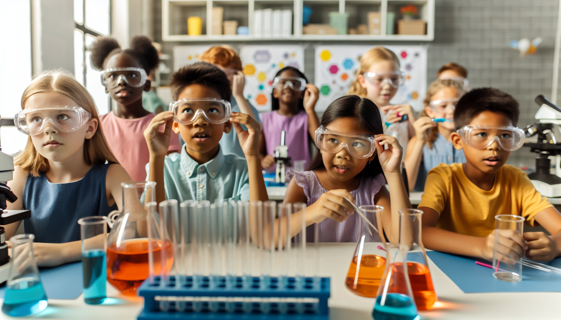 Kids wearing protective goggles in a science lab