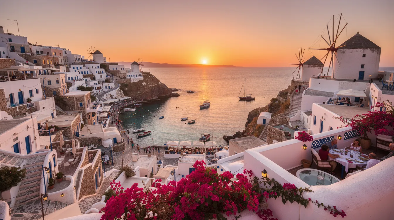 Imagem de Mykonos, uma das ilhas mais famosas da Grécia, mostrando suas casas brancas com janelas azuis e o mar Egeu ao fundo. Este destino é popular entre viajantes que buscam relaxar e explorar a rica cultura grega.