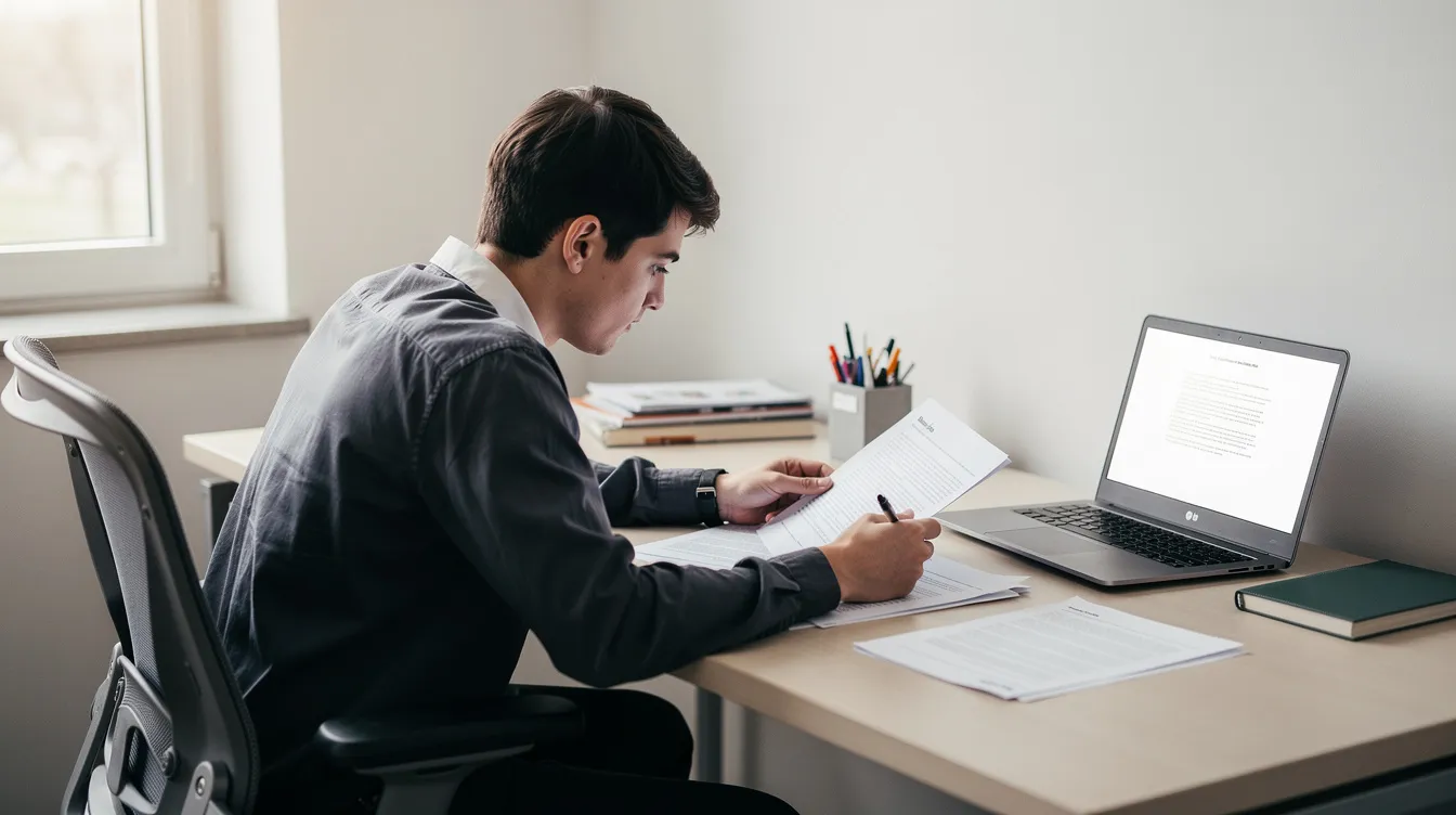 A student reviewing documents next to a laptop