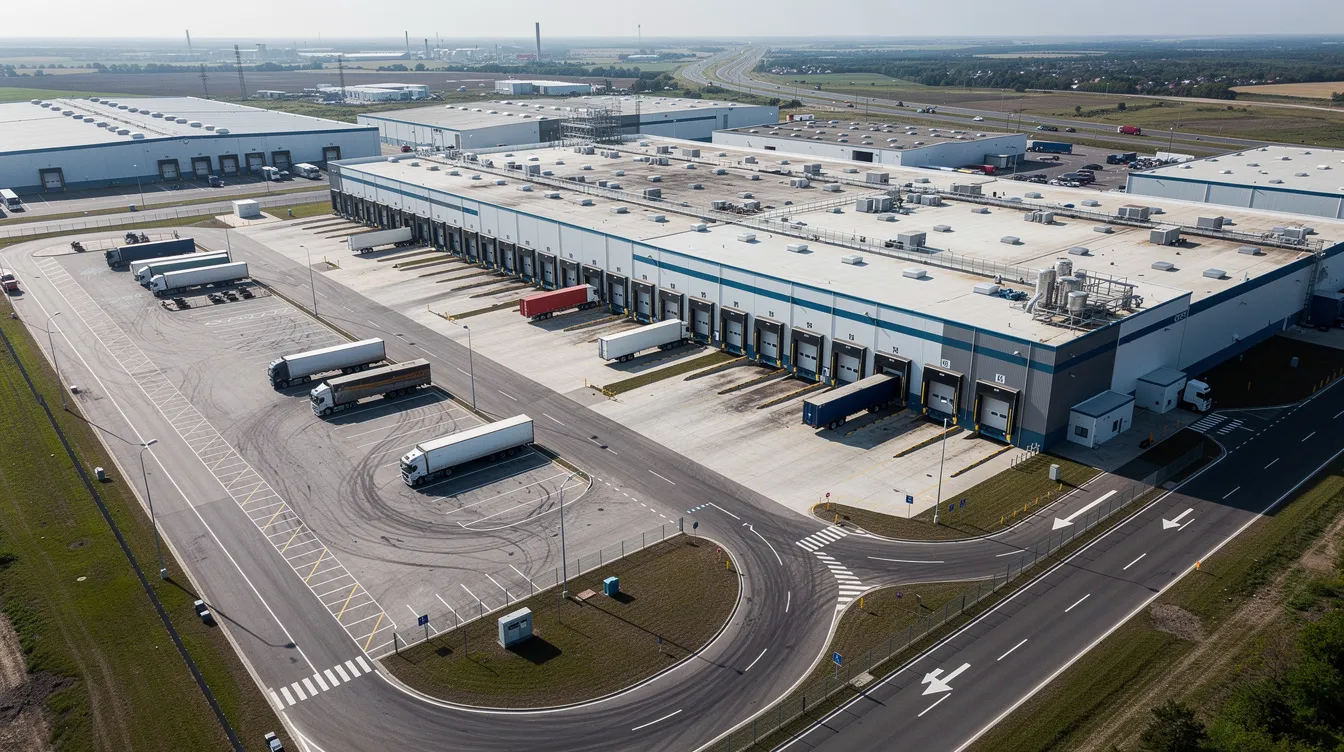 d29547c8 5265 4b21 9003 f5cded2492c8 The image showcases an aerial view of a food processing facility, featuring loading docks, a truck parking area, and adjacent warehouse buildings, indicative of a pulses processing plant. This industrial site is designed for high production capacity and efficiency in handling raw materials such as legumes and edible seeds, essential for businesses in the agriculture sector.