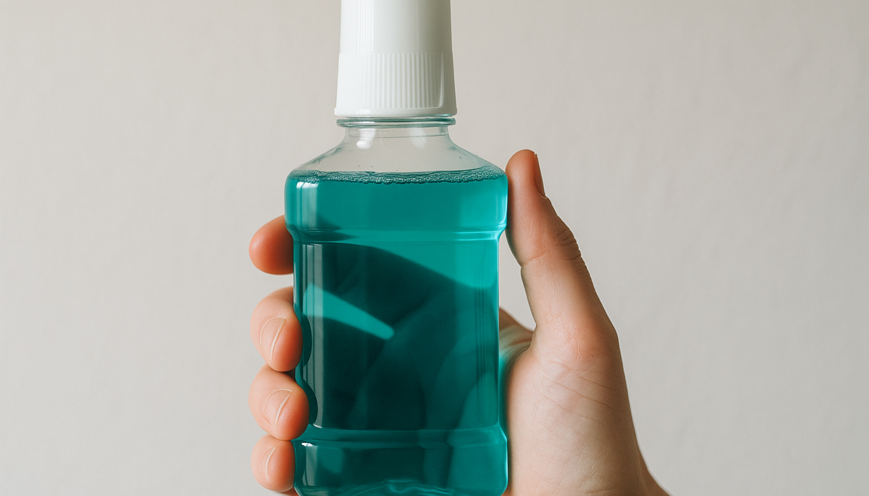 Hånd holder munnskyllflaske med blå væske.