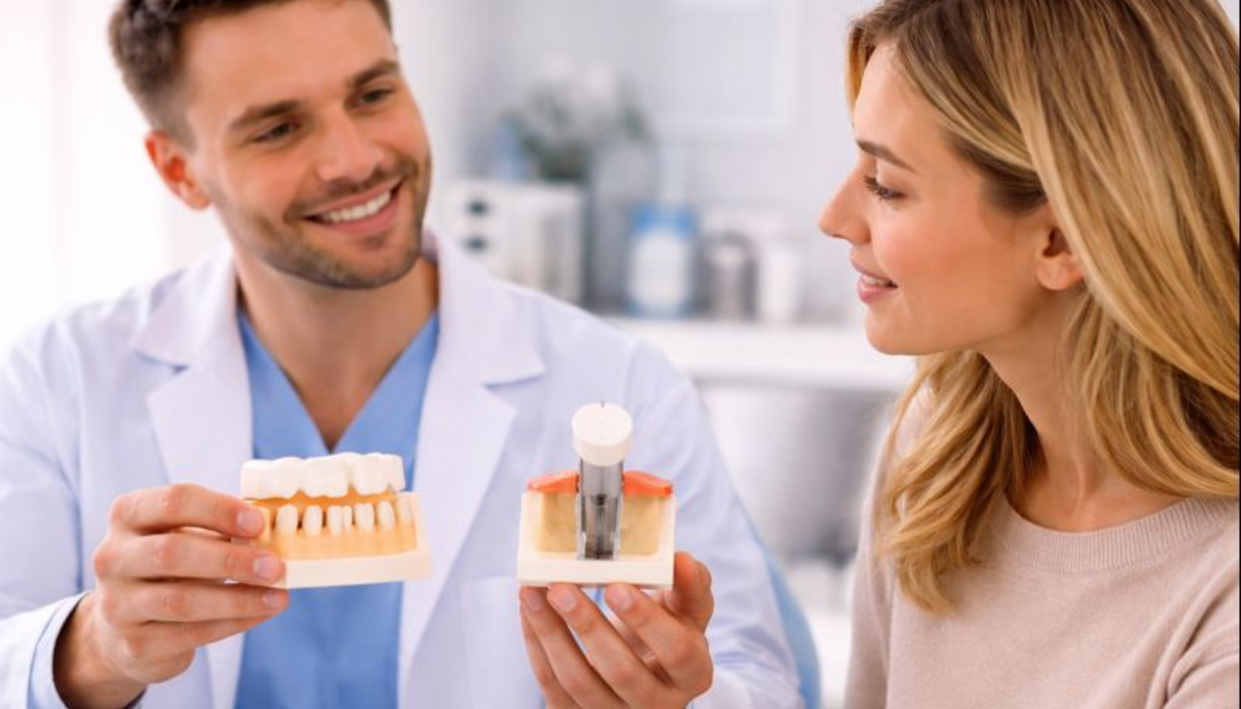 Bro eller Implantat: Hva Er Det Beste Valget for Et Manglende Tannrom? 15 Tannlege forklarer forskjell mellom tannbro og implantat til pasient i klinikkmiljø.