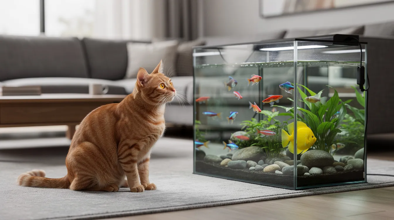 An orange tabby cat sits curiously beside a large fish tank made of ultra clear glass in a modern living room, intently watching colorful fish swim inside. The cat's natural curiosity is evident as it observes the aquatic life, showcasing the playful interaction between pets and their environments.