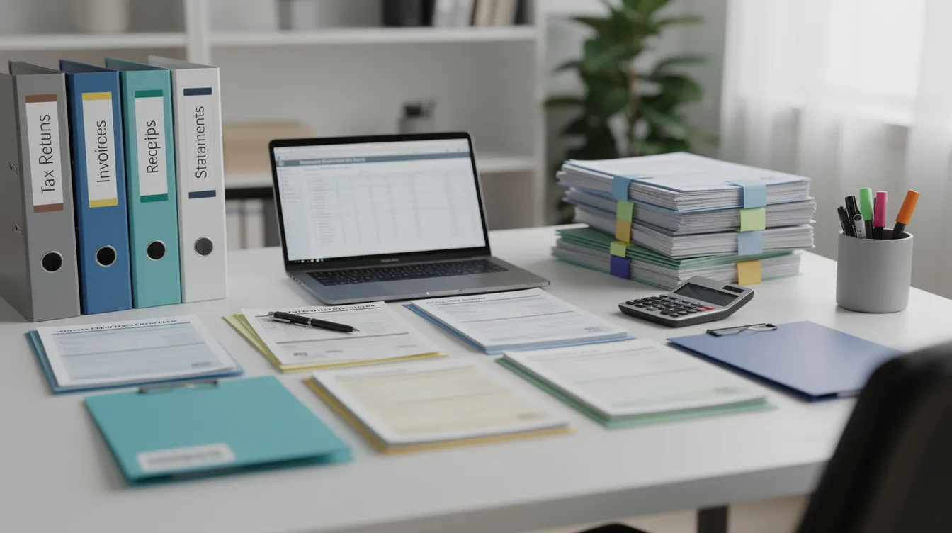 The image shows a neatly organized office desk filled with various tax documents and folders, likely related to employee retention credit and other tax credits. This setup suggests a focus on managing payroll tax credits and preparing for potential IRS audits, highlighting the importance of maintaining accurate records for eligible businesses.