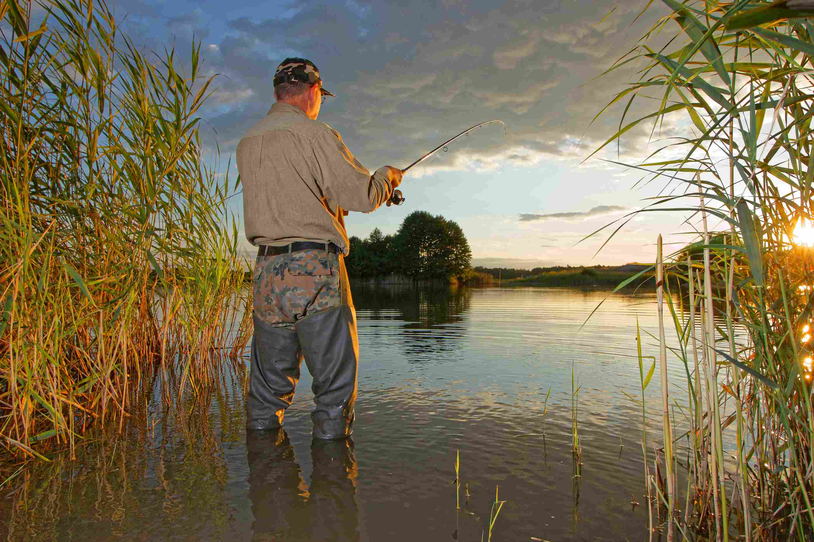 O pescador está de pé com vadeadores e cana de pesca no lago