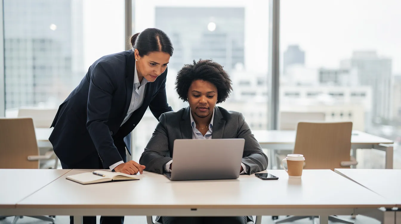 Deux professionnels collaborent sur un ordinateur portable dans un bureau moderne, illustrant l'importance des compétences commerciales et des techniques de vente dans un environnement de travail dynamique. Ils partagent des idées pour améliorer la performance commerciale de leurs équipes grâce à des outils digitaux et une formation continue.