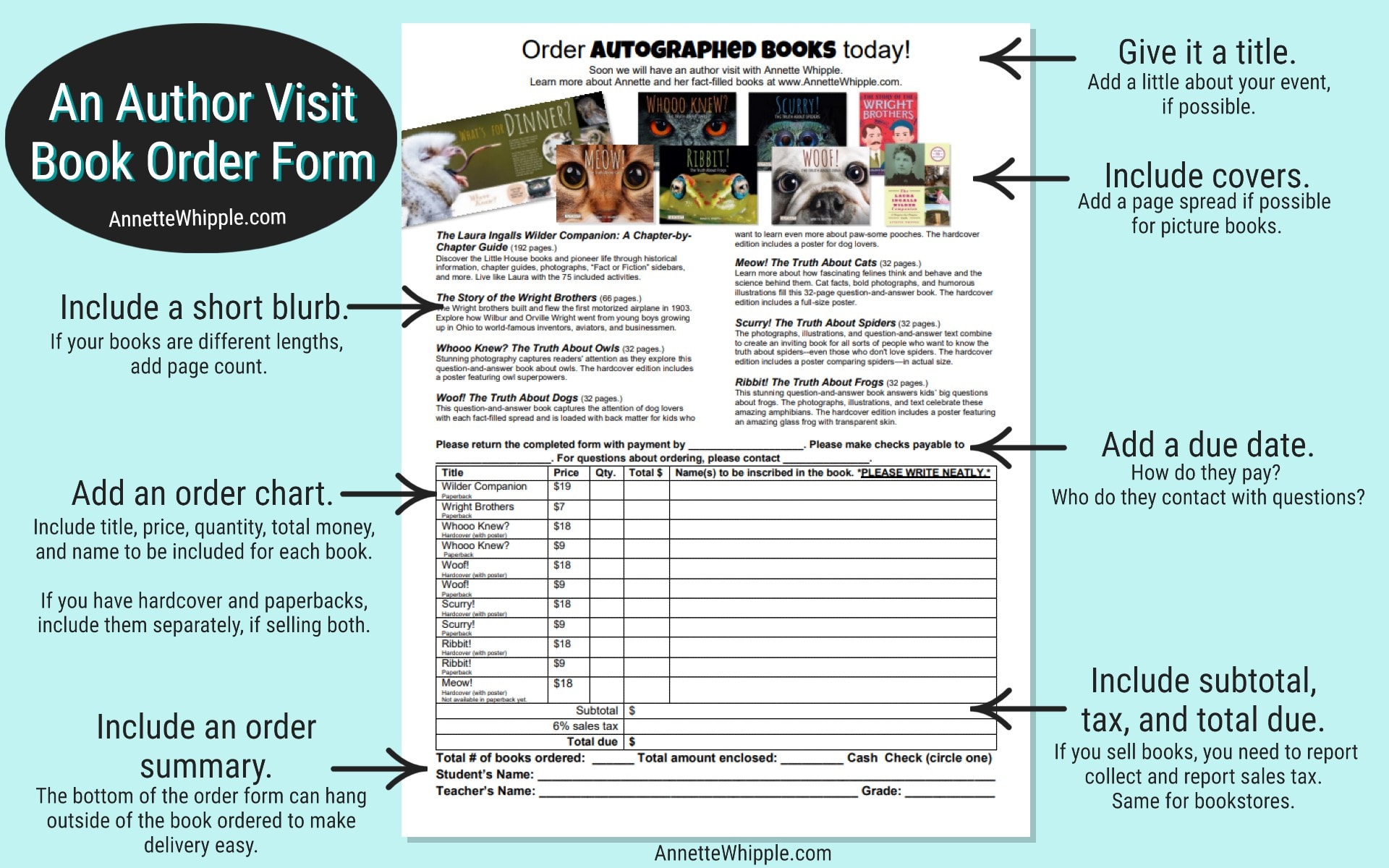 A sample author visit book order form by Annette Whipple