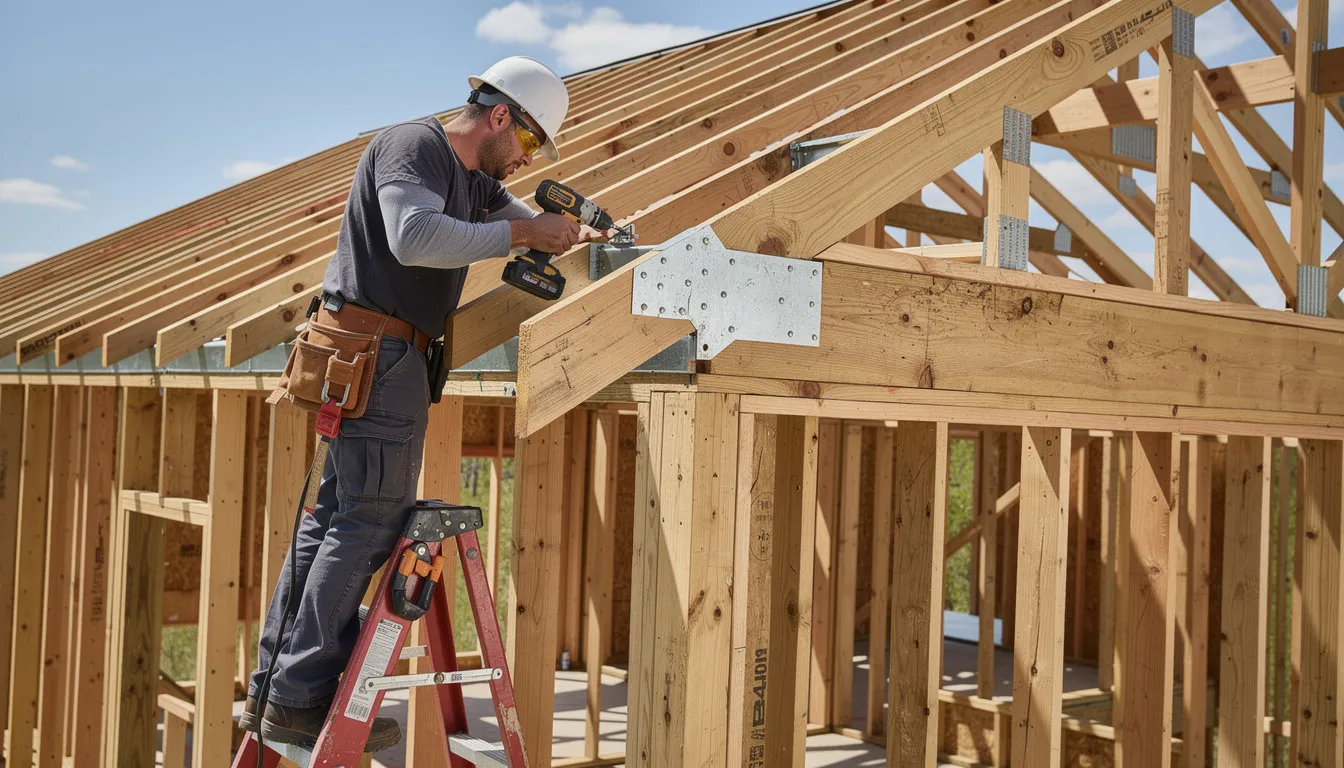 A roofing contractor is seen installing hurricane straps that connect roof rafters to wall framing, ensuring the roof structure can withstand high winds and resist uplift during severe weather conditions. This installation technique is crucial for enhancing wind resistance and protecting the roofing assembly in hurricane-prone areas.