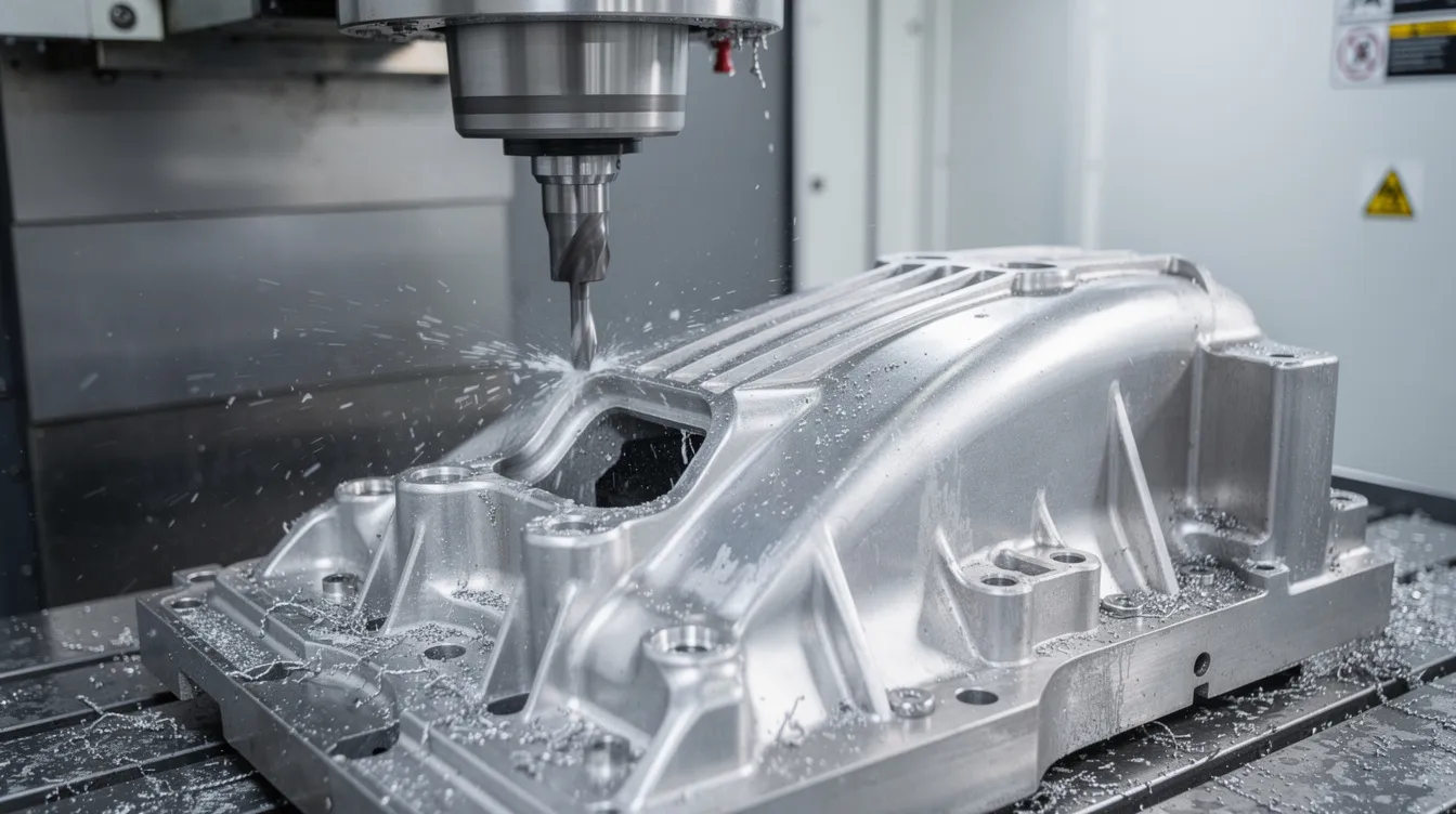 The image shows a close-up view of a 5-axis CNC milling center actively machining a complex titanium aerospace component, highlighting the precision machining process and the intricate details of the part geometry. This advanced CNC machining setup emphasizes the capabilities of high precision and tight tolerances required for aerospace applications.