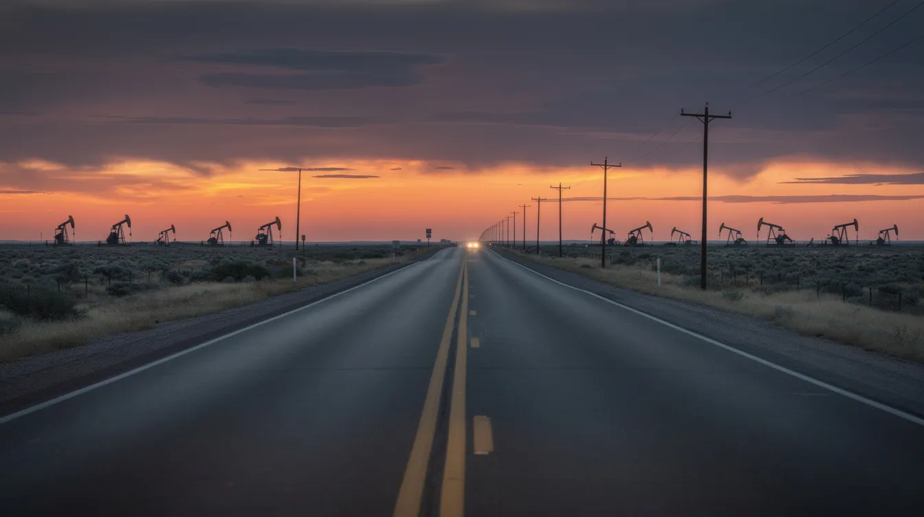 The image depicts a wide West Texas highway at dusk, with oil pump jacks silhouetted against the colorful sky in the distance. This scene highlights the vastness of the Texas landscape, a reminder of the trucking industry that operates through these roads, where truck accidents can lead to serious injuries and personal injury claims for victims.