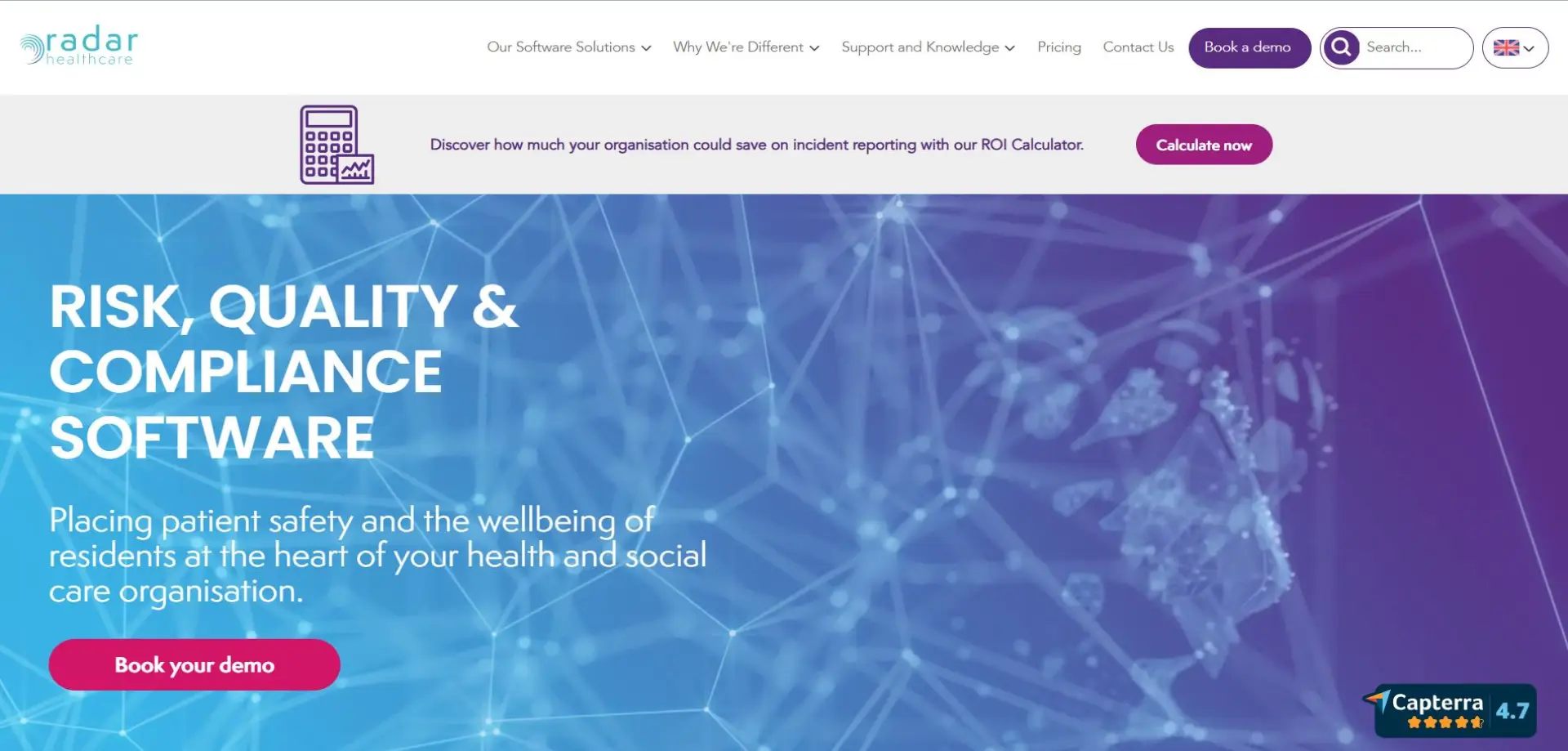 Homepage of Radar Healthcare website