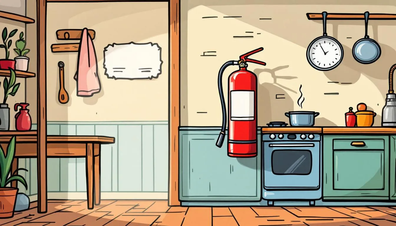 A fire extinguisher placed in a kitchen, highlighting the importance of fire safety in homeowners insurance.