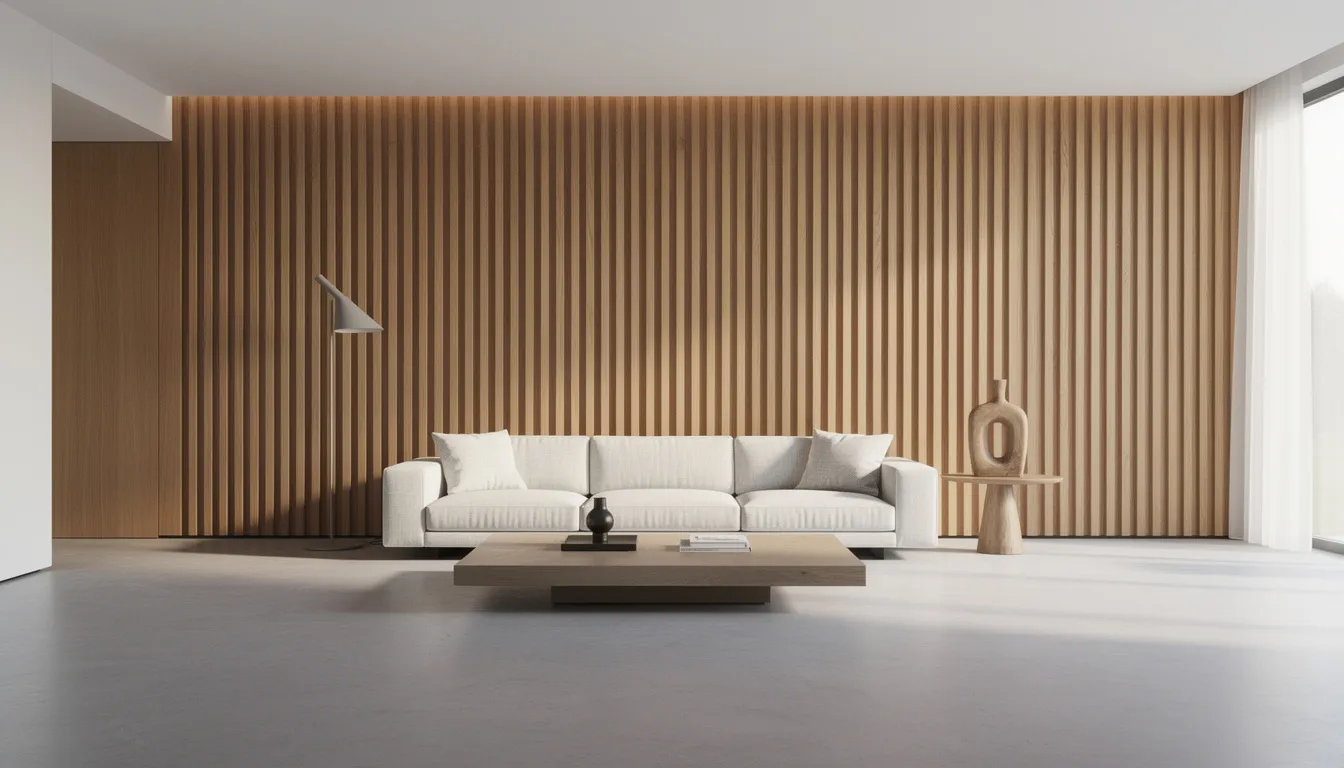 Een moderne woonkamer met een houten lattenwand achter een designbank en een strakke gietvloer. De akoestische wandpanelen dragen bij aan een betere akoestiek en verminderen storende geluiden, waardoor de ruimte een sfeervolle en luxe uitstraling krijgt.