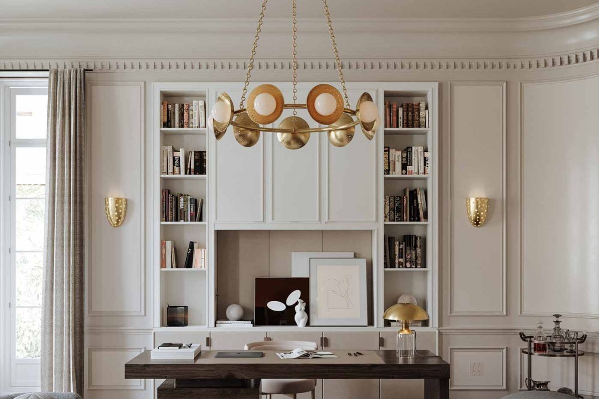 Elegant home office with the Hudson Valley Lighting Glimmer chandelier hanging above a dark wood desk and built-in white shelving.