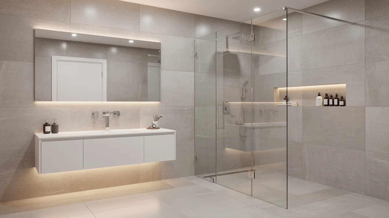 The image depicts a modern bathroom featuring a spacious walk-in shower enclosed with frameless glass, adorned with neutral porcelain tiles. A sleek floating vanity complements the design, showcasing a contemporary aesthetic ideal for a mid-range bathroom renovation in Vancouver.