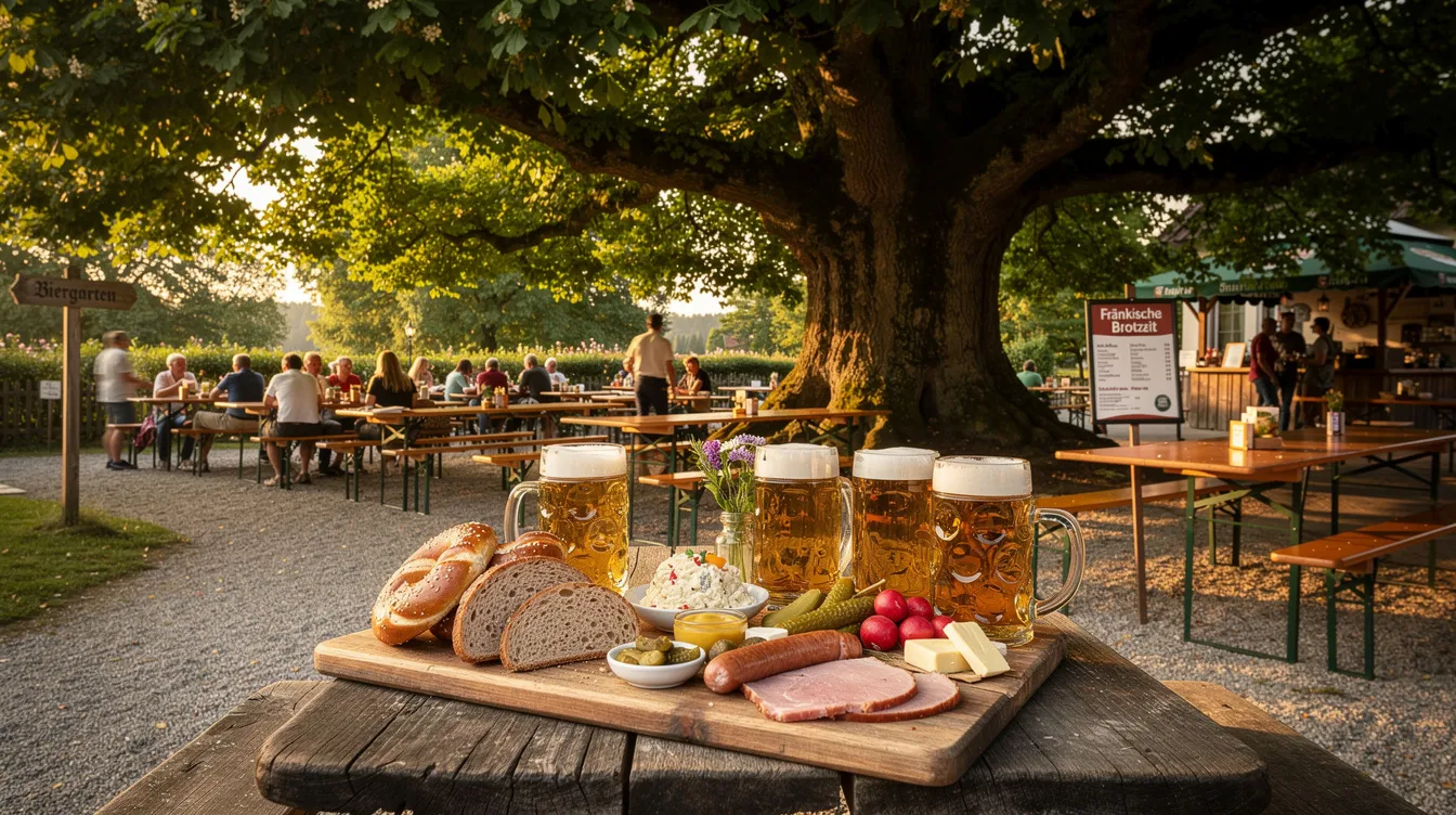 Ein gemütlicher Biergarten unter alten Kastanienbäumen, ausgestattet mit rustikalen Holzbänken, bietet eine fränkische Brotzeit auf den Tischen an. Diese entspannte Atmosphäre ist ein beliebter Ort in der Stadt Erlangen, ideal für einen Besuch und um die lokalen Sehenswürdigkeiten zu genießen.
