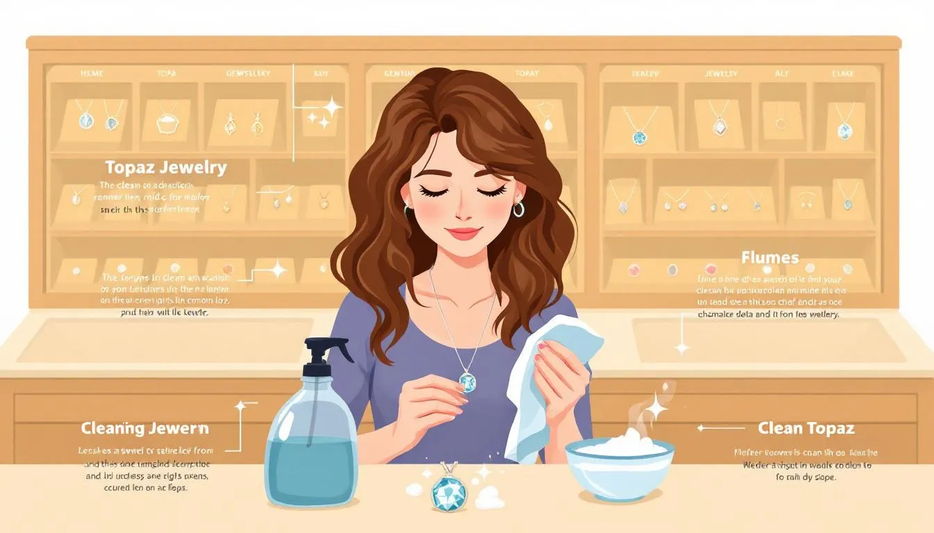 The image showcases a stunning collection of topaz jewellery, including blue topaz and imperial topaz pieces, emphasizing their vibrant colours and sparkle. This beautiful birthstone jewellery, perfect for November birthdays, is displayed alongside care tips, highlighting the importance of maintenance to preserve their eye-catching beauty.