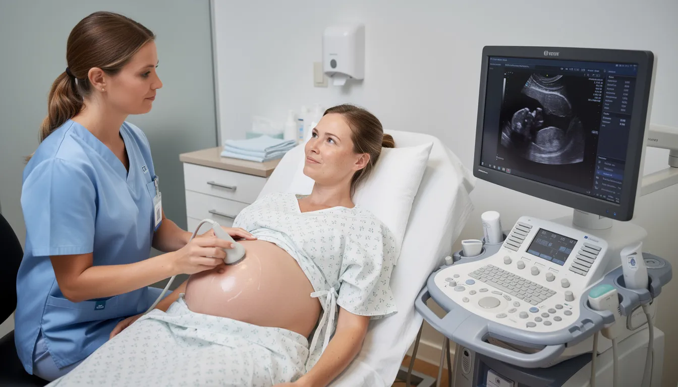 En blivande förälder ligger på en brits under en ultraljudsundersökning, medan vårdpersonal står vid en skärm för att visa resultatet av det kombinerade ultraljudet och blodprovet, vilket syftar till att bedöma sannolikheten för kromosomavvikelser hos fostret. Undersökningen, som ofta görs i vecka 11 av graviditeten, kan ge information om risker för till exempel trisomi 21 och downs syndrom.