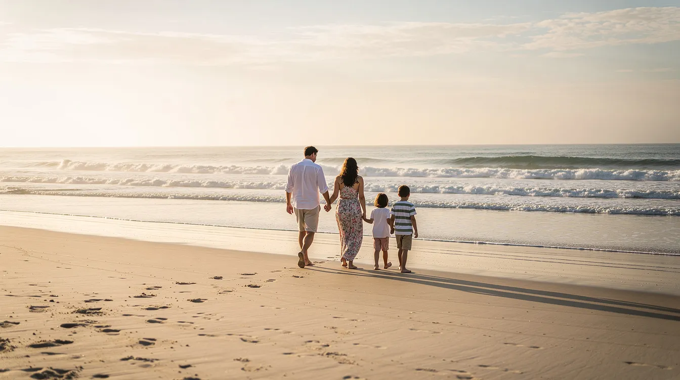 A family strolls along a wide sandy beach, enjoying the gentle ocean waves and the calming sound of the surf, embodying the healing power of ocean therapy and its mental health benefits. The soothing sea air and coastal environment contribute to their sense of well-being, promoting relaxation and reducing stress.