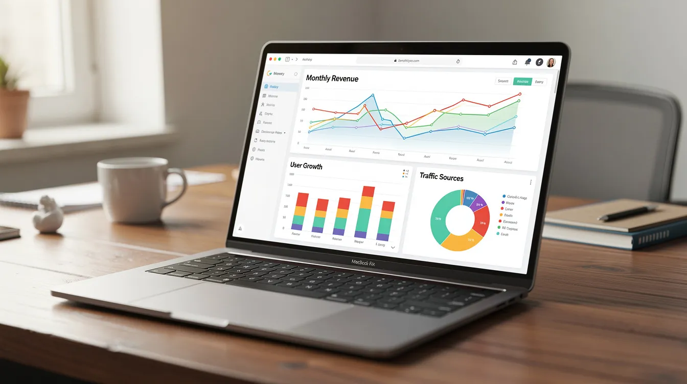 The image shows a laptop screen displaying various analytics charts and graphs, set on a wooden desk, highlighting the performance metrics of a web design business. This visual representation of data may reflect the financial goals and client relationships essential for web design agencies and freelance web designers.