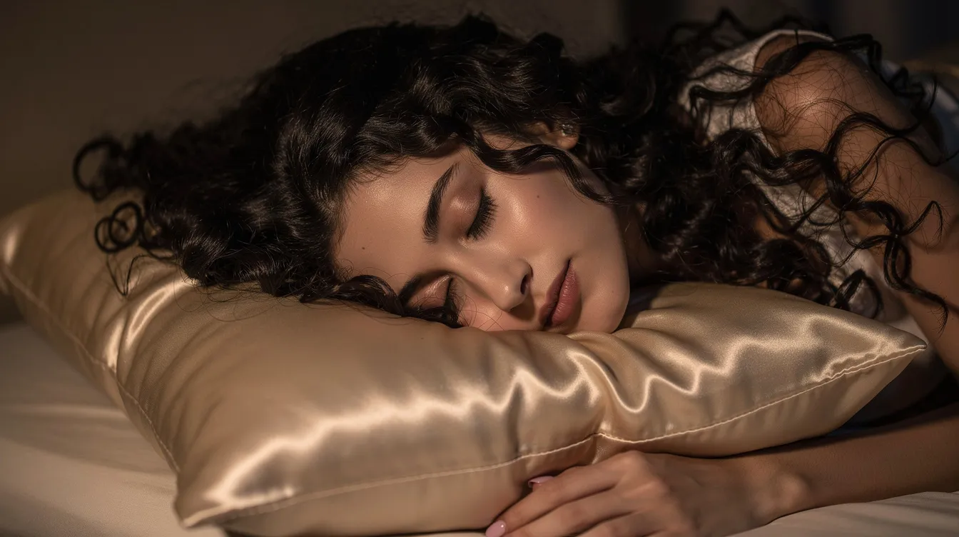 A woman with long curly hair is sleeping peacefully on a smooth silk pillowcase, showcasing the benefits of silk for hair and skin health. The luxurious fabric helps reduce sleep creases and frizz, offering a comfortable sleep environment.