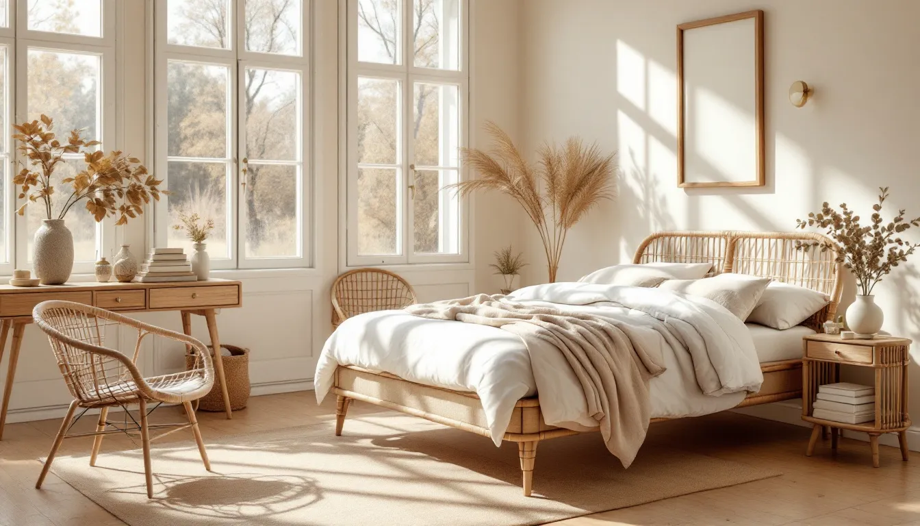 The image showcases an elegantly styled bedroom featuring high-quality rattan furniture, including a stylish rattan bed and a rattan coffee table, all enhanced by soft neutral linens and abundant natural light. The warm tones and natural textures create an inviting atmosphere, highlighting the timeless appeal of the rattan pieces in this serene living space.