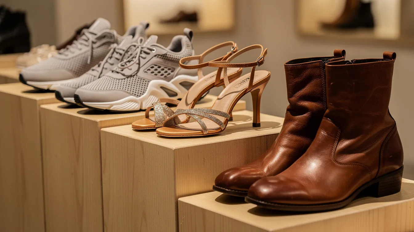 The image showcases a variety of shoes on display, including athletic sneakers, elegant dance heels, and brown leather boots, highlighting the wide selection of specialized footwear available in an online store. This assortment caters to different styles and customer demands, making it ideal for a dropshipping business focused on trendy shoes and high-quality products.
