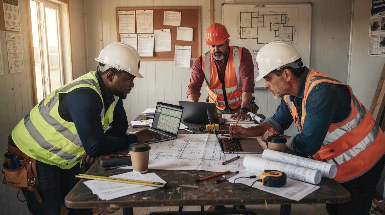 A small construction team reviews laptops and project plans in a job trailer, reflecting a practical pilot approach to testing new digital workflows in construction.