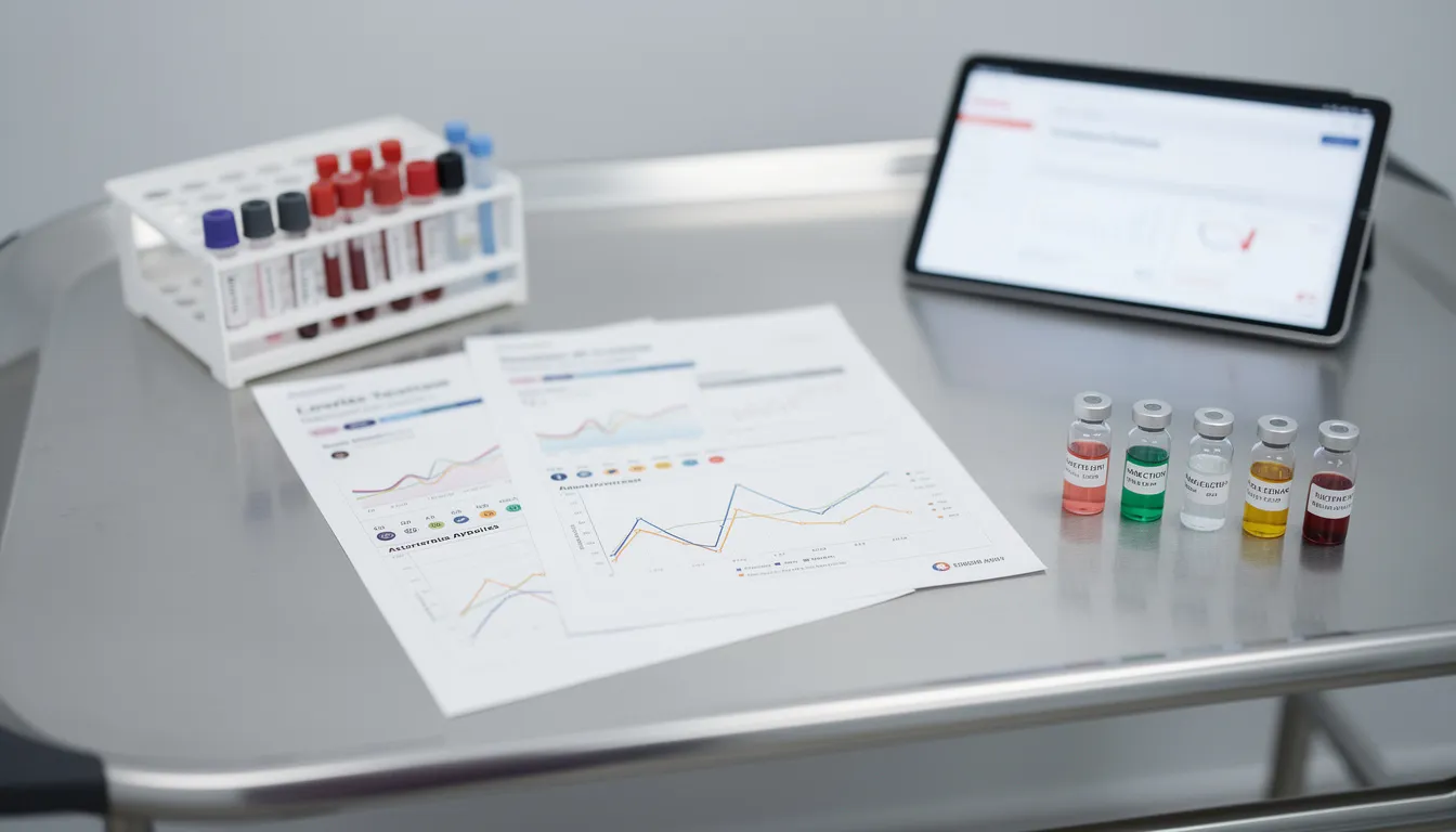 The image depicts a medical table organized with laboratory test results and various nutrient vials, highlighting a personalized treatment plan for intravenous therapy. This setup emphasizes the importance of delivering essential vitamins and nutrients directly into the bloodstream to optimize health and address specific health issues.