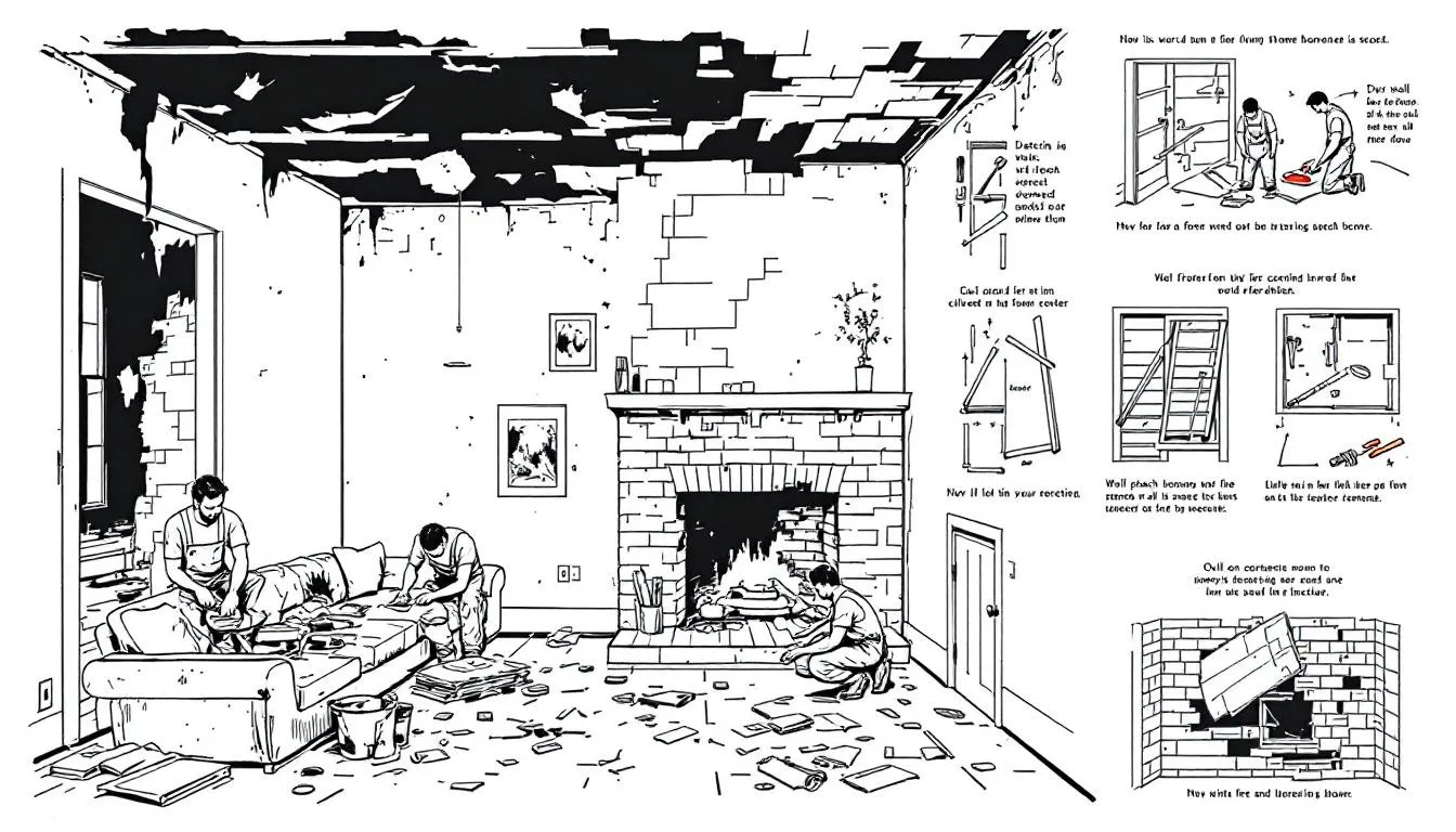 Repairs and restoration services being conducted in a fire-damaged home.
