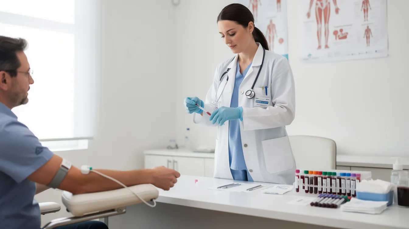 Eine Ärztin bereitet in einem Untersuchungsraum eine Blutabnahme vor, um Schilddrüsenwerte zu testen. Sie hat verschiedene Utensilien auf dem Tisch bereitgelegt, um eine Blutprobe für die Diagnose von Schilddrüsenerkrankungen wie Hypothyreose oder Schilddrüsenunterfunktion zu entnehmen.