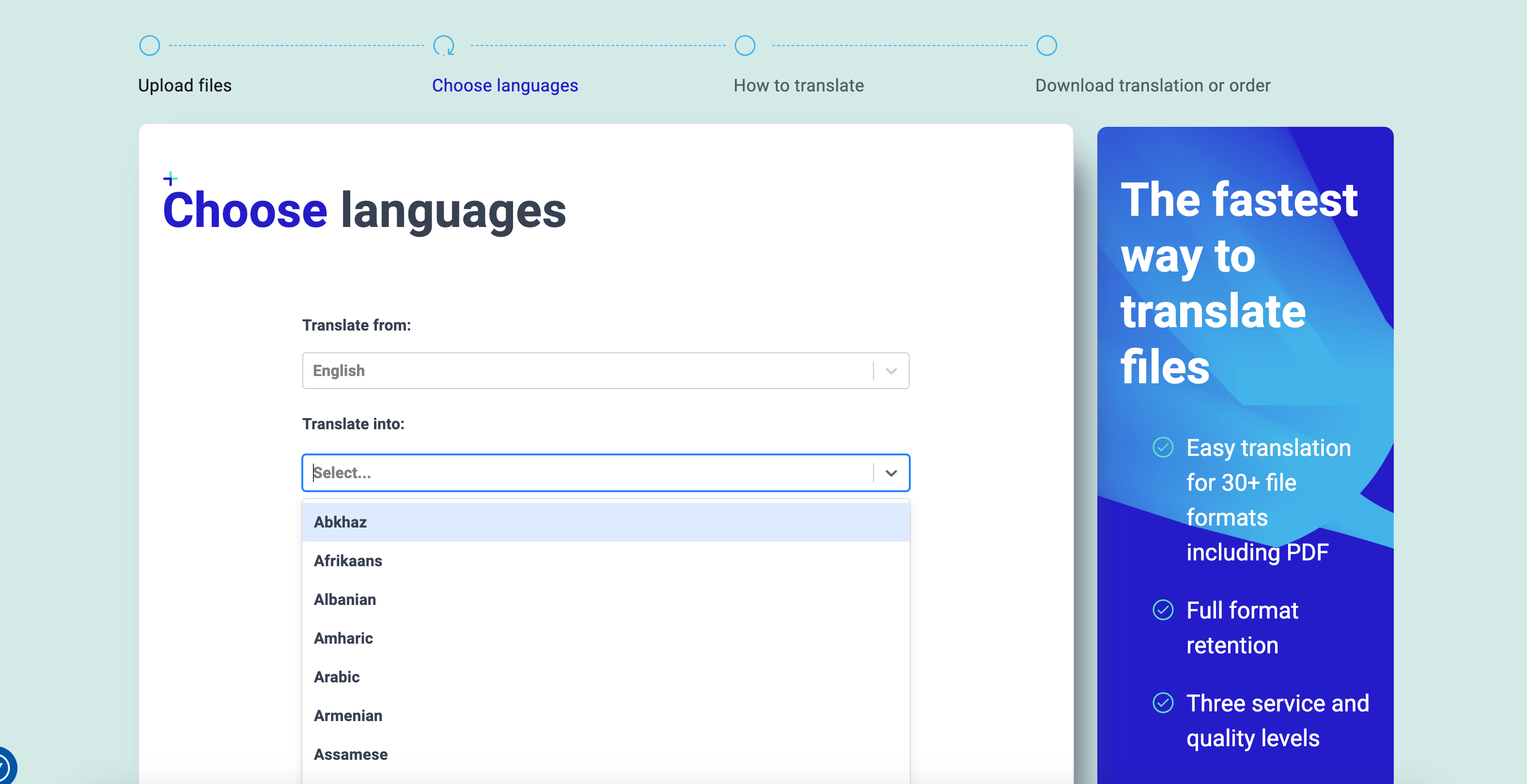 Selecting the source and target languages - cheap translation service