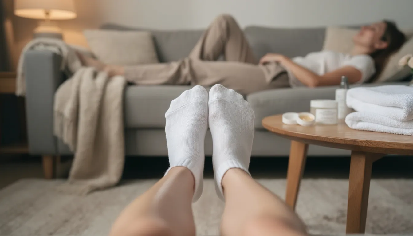 A person is relaxing with cotton socks on their feet, having just applied a nourishing skincare product that may include whipped tallow balm, known for its benefits in enhancing skin health and protecting the skin's moisture barrier. The scene conveys a sense of comfort and self-care, ideal for those with sensitive or dry skin.