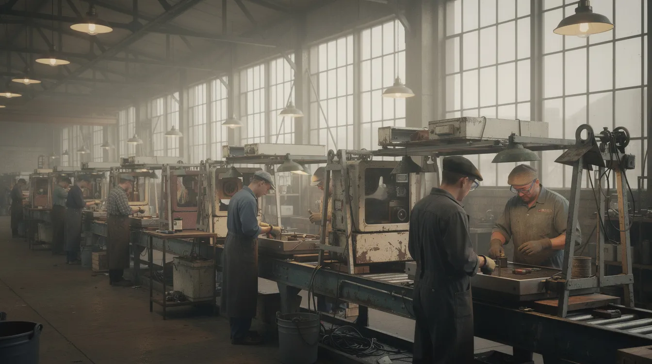 The image depicts a vintage factory assembly line, featuring workers diligently stationed at their tasks, surrounded by various materials and tools. This scene reflects the integration of technology and human effort in a business setting, emphasizing the importance of teamwork and efficient processes for organizational success.