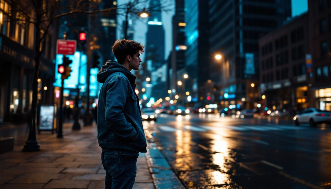 A worried pedestrian contemplating their options after a jaywalking incident.