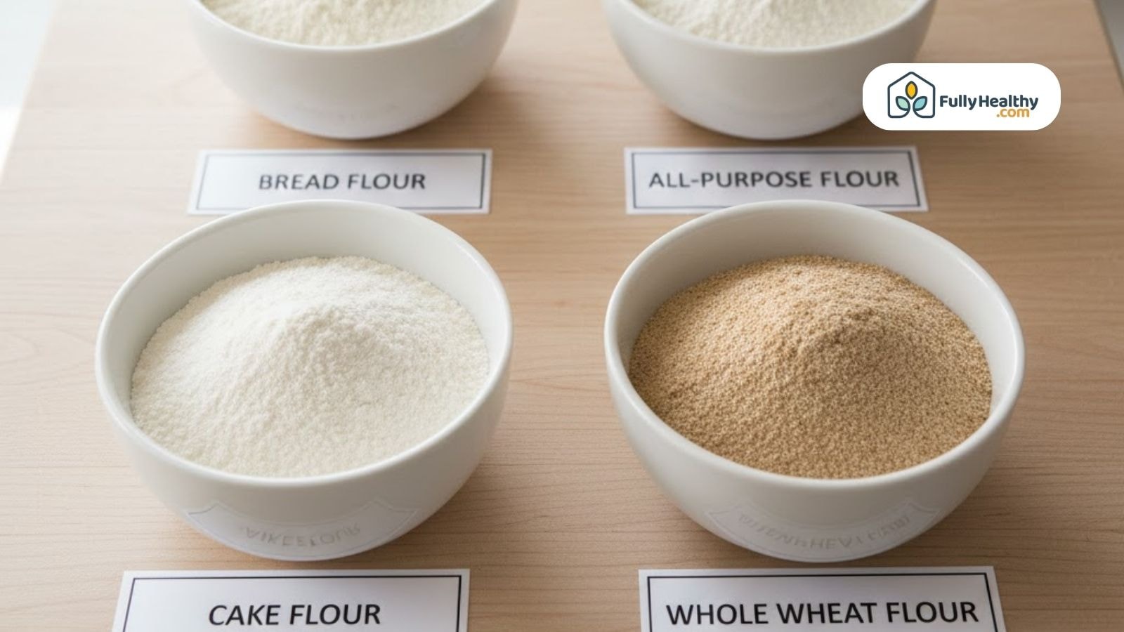 Bowls of bread flour cake flour all-purpose and whole wheat flour