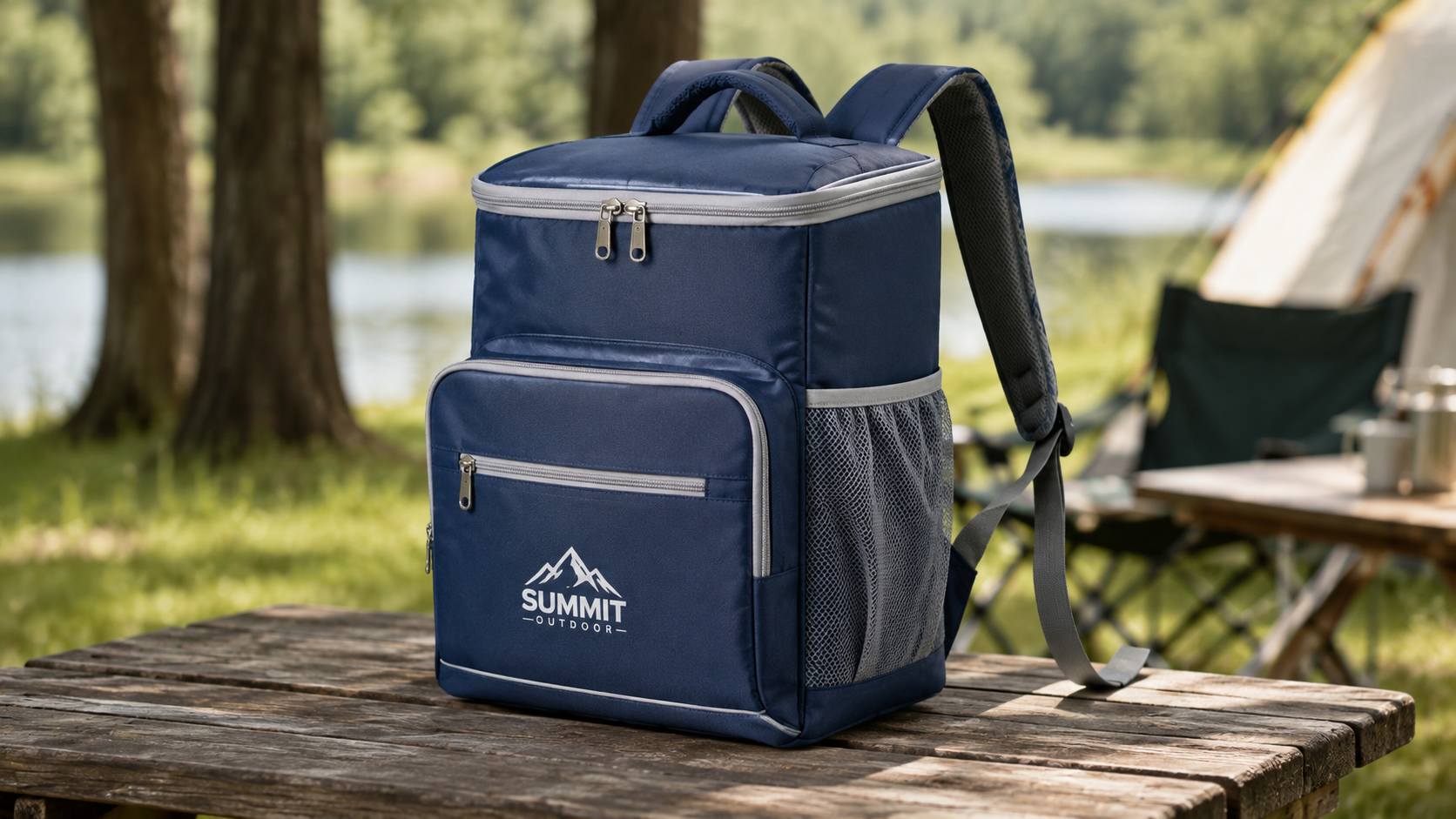 Insulated cooler backpack with a zippered lid at a campsite