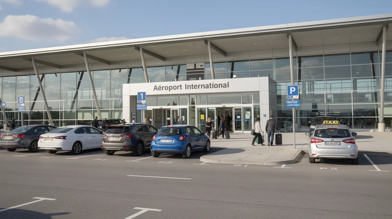 L'image montre l'extérieur d'un terminal d'aéroport moderne, avec des véhicules garés sur le parking devant, offrant des options de location de voitures pour les voyageurs arrivant à Agadir. L'architecture contemporaine du bâtiment et les zones de prise en charge ajoutent à l'attractivité de cet emplacement clé pour ceux qui souhaitent louer une voiture à Agadir.
