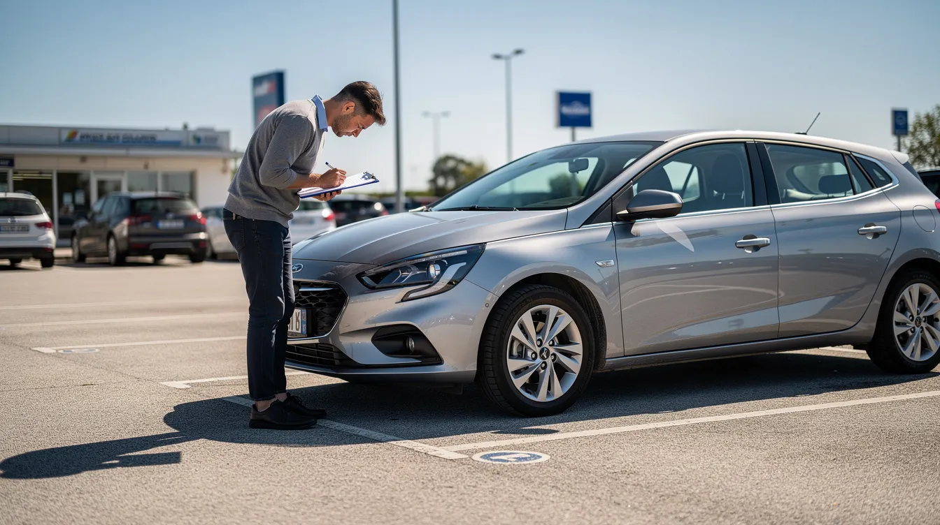 Una persona está revisando el estado exterior de un coche de alquiler en un parking soleado, asegurándose de que no haya daños antes de recibirlo. El ambiente es luminoso y el coche, de color brillante, se encuentra estacionado entre otros vehículos.