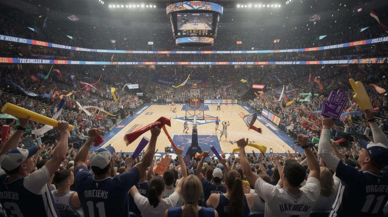 En bild av en fullpackad basketarena där fansen hejar entusiastiskt under en intensiv match, vilket fångar känslan av spänning och gemenskap under NBA Finals 2026. Atmosfären är elektrisk med ljudet av jubel och klappande händer.