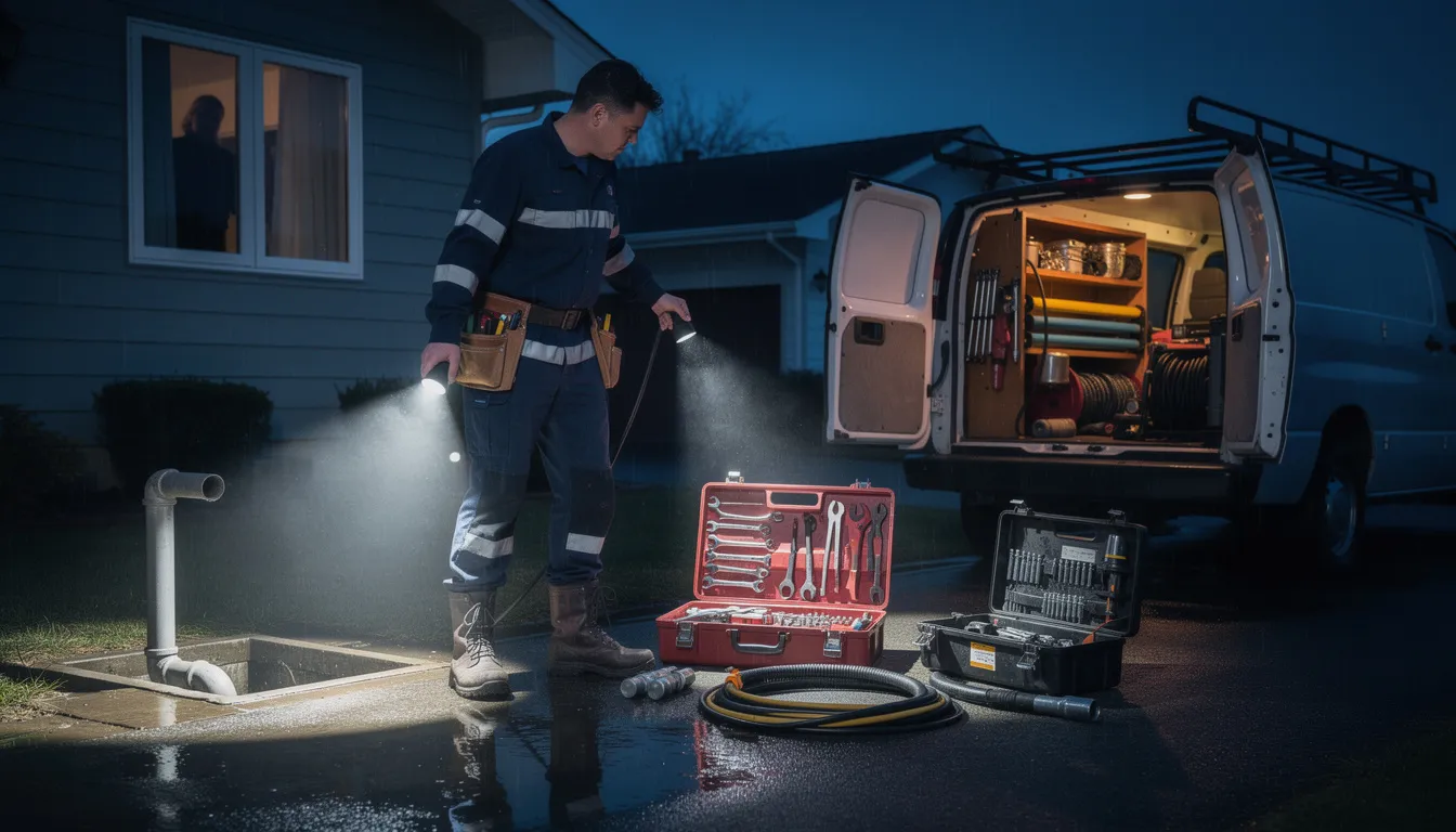 A local plumber is responding to an emergency call at night, equipped with a flashlight and professional drain cleaning tools, ready to tackle clogged drains and restore proper flow in the plumbing system. The scene highlights the urgency of plumbing problems, showcasing the plumber's dedication to providing fast and effective drain cleaning services.