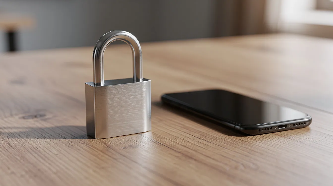 d2b5c162 23b4 426b 8575 009dc86a93f8 The image features a secure padlock resting on a wooden desk next to a mobile phone, symbolizing safety and security in financial transactions, such as those related to mudra loans for micro enterprises. This visual representation conveys the importance of safeguarding sensitive information while navigating loan applications and eligibility criteria.