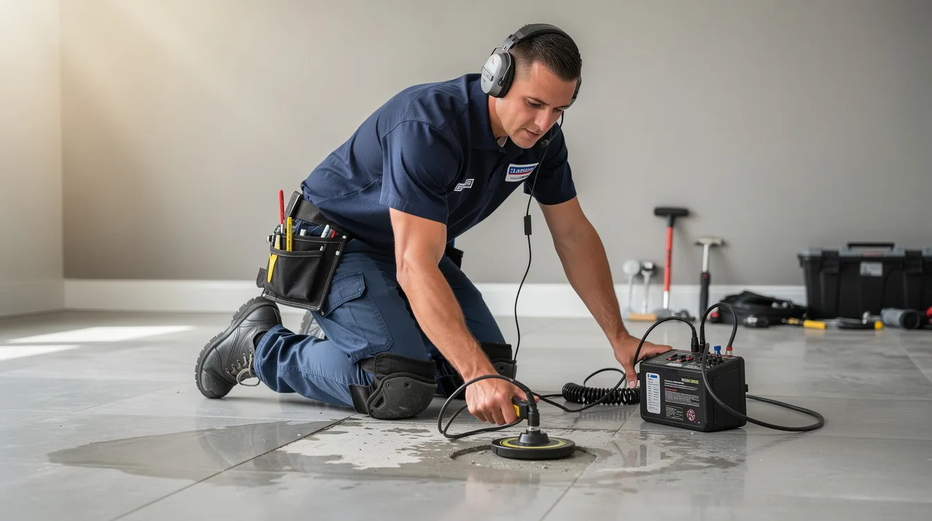A professional plumber is kneeling on a tile floor, using electronic listening equipment to detect a leak beneath a concrete slab. This leak detection service aims to locate and repair hidden leaks efficiently, helping to save water and reduce water bills.